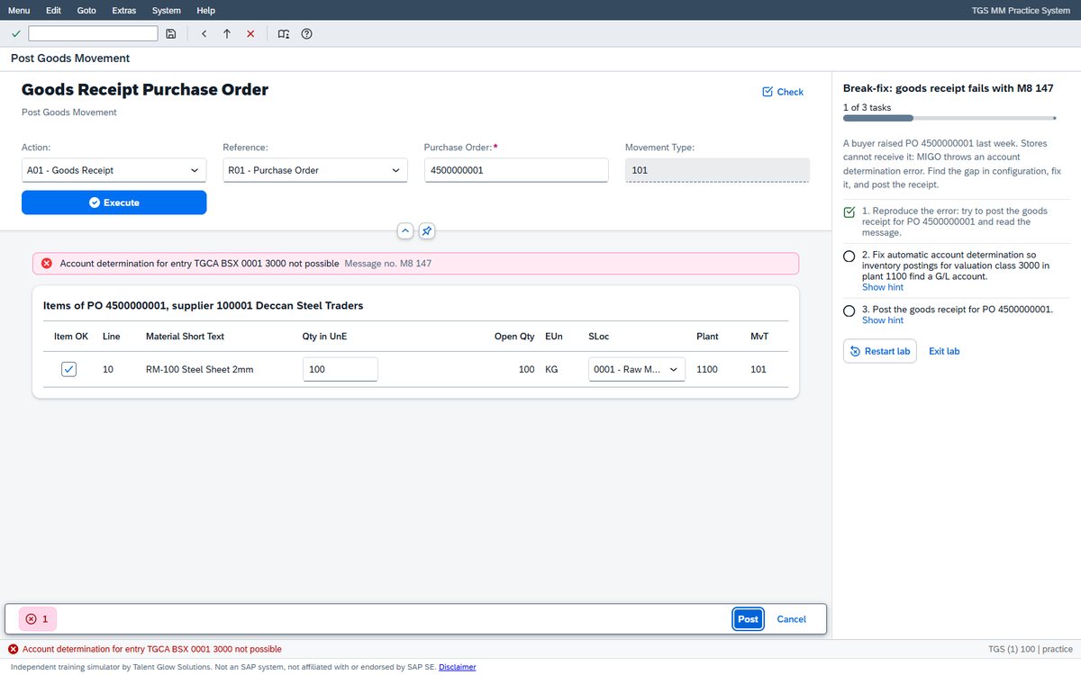 The Practice Lab showing a goods receipt in MIGO that fails with an account determination error, next to the lab guide