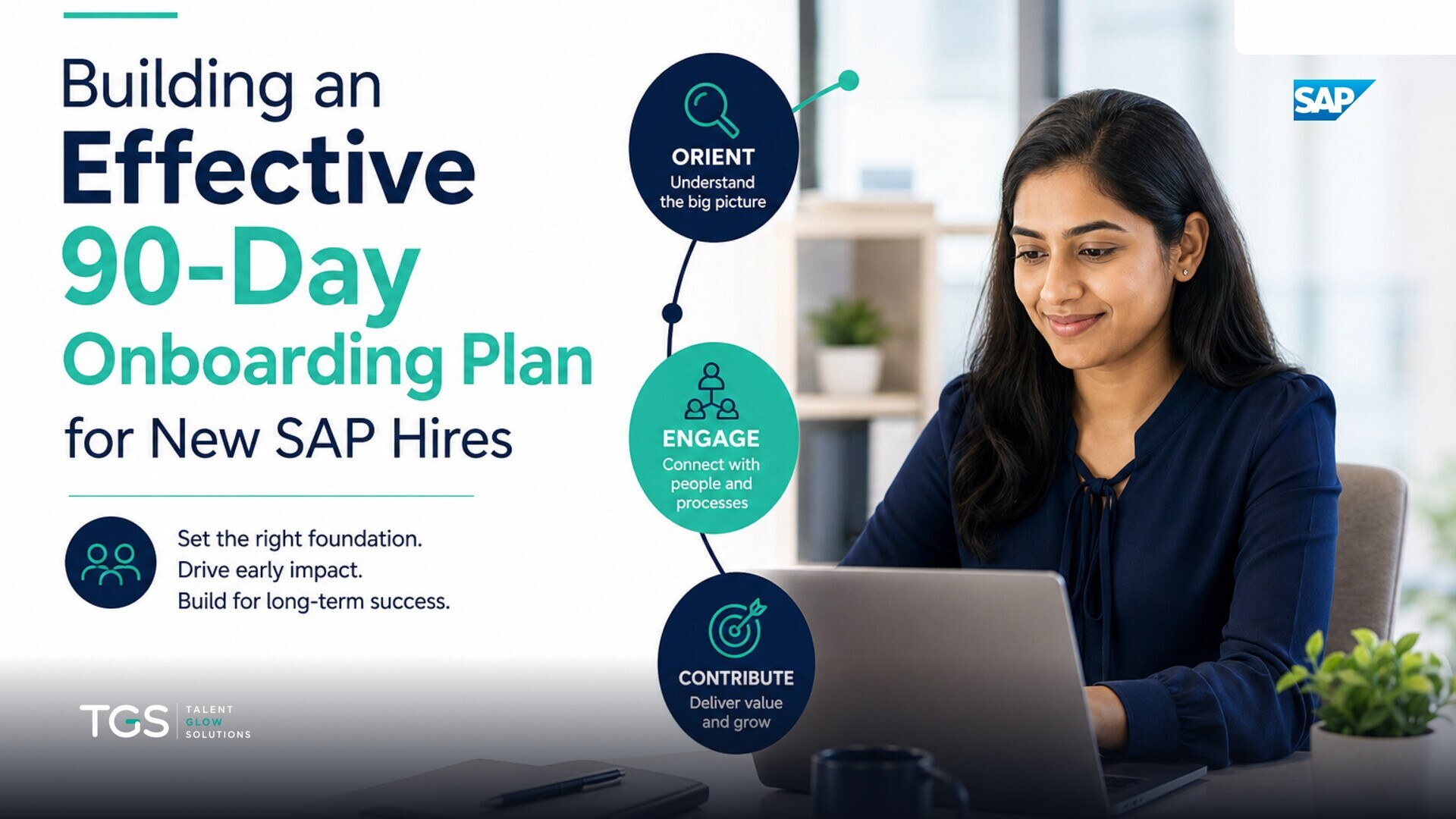 A hiring manager and a new SAP hire reviewing a digital 90-day plan on a tablet in a modern, collaborative office setting.