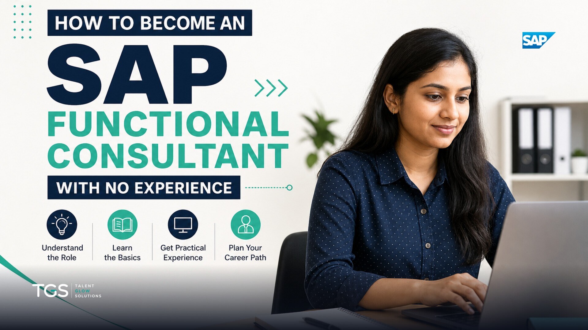 A business professional, looking determined, stands in a modern office environment, with abstract SAP system interfaces subtly overlaid, symbolizing a career transition.