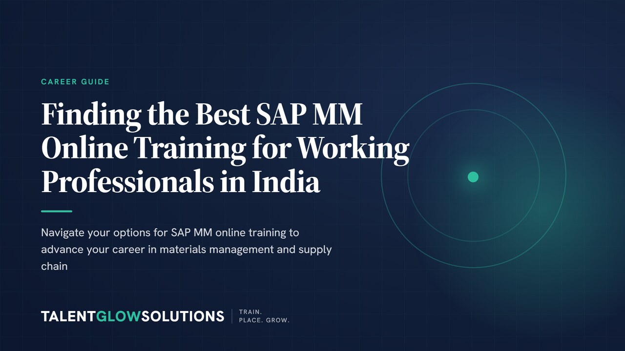 Working professional on laptop, surrounded by logistics and supply chain icons, representing SAP MM training and career growth in India