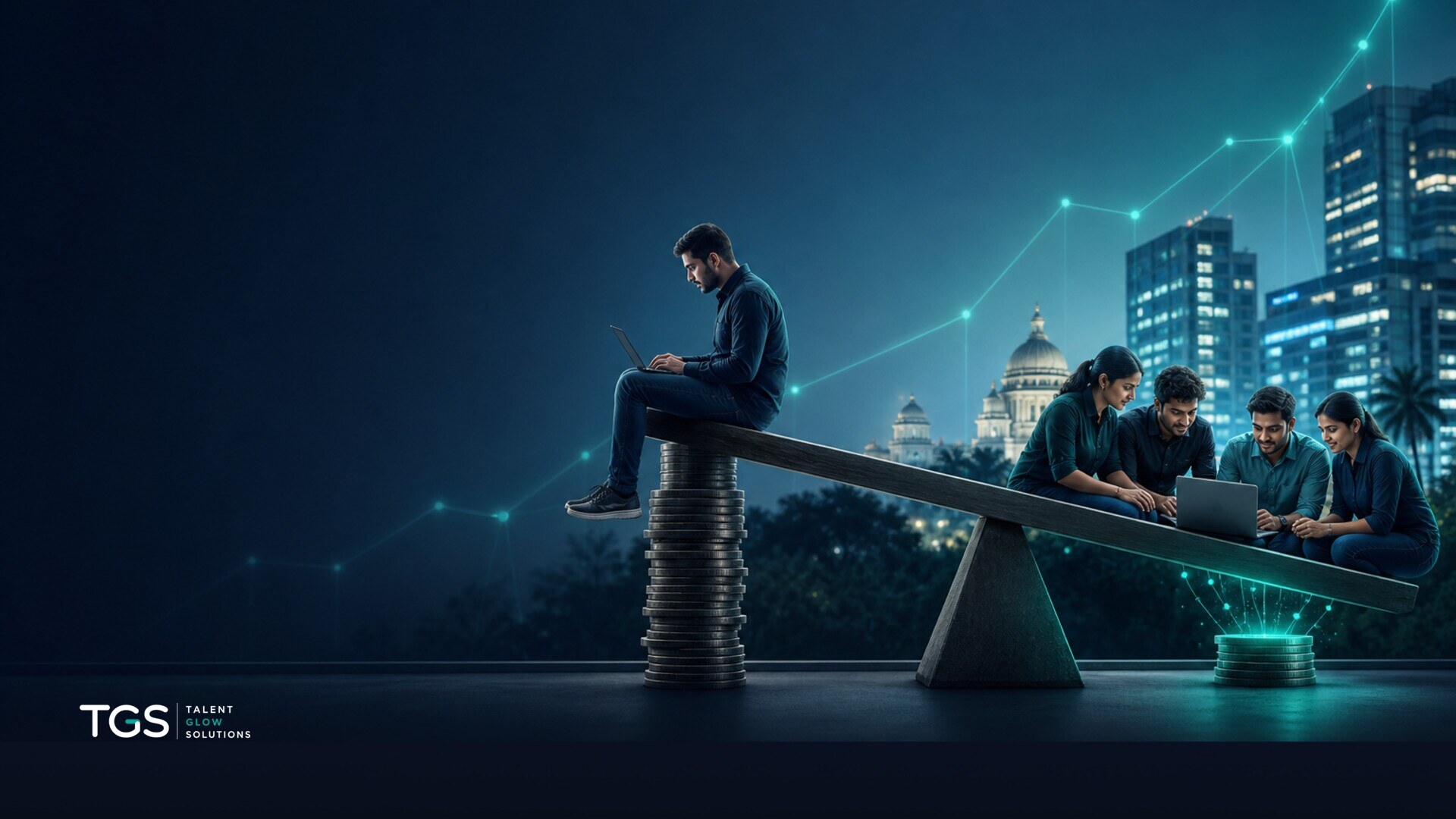 A split-screen image showing a busy HR manager looking at a stack of resumes on one side, and a streamlined, efficient team of developers working collaboratively on the other side, symbolizing traditional vs. augmented hiring.