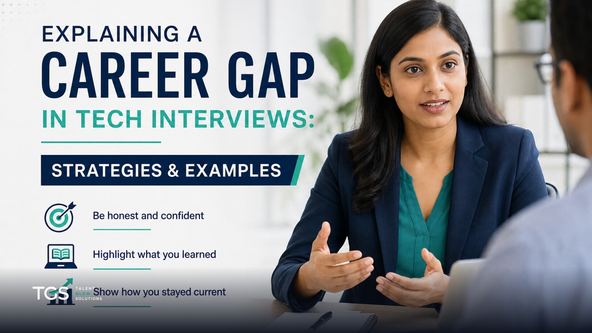 A confident person in a modern tech office setting, shaking hands with an interviewer, with a subtle glow of teal and navy branding accents.