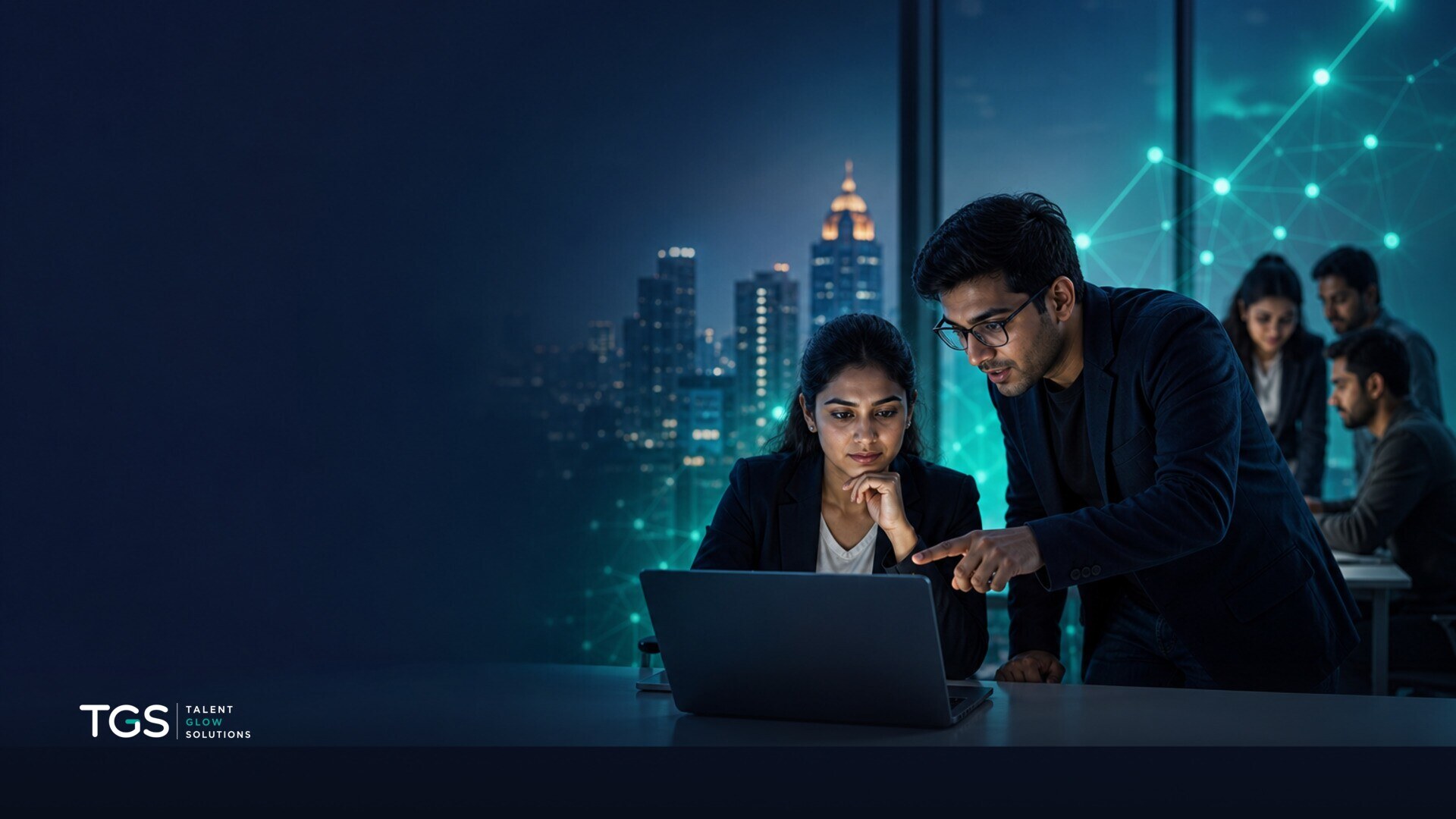 Two business professionals, a founder and a hiring manager, quickly reviewing resumes on a digital tablet with a blurred background of a fast-moving, agile tech team working efficiently.