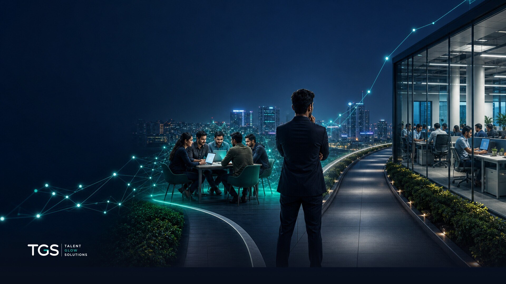 A split image showing a busy HR manager overwhelmed with stacks of resumes on one side, and a calm project manager collaborating with remote IT specialists on the other, symbolizing the contrast between traditional hiring and staff augmentation.