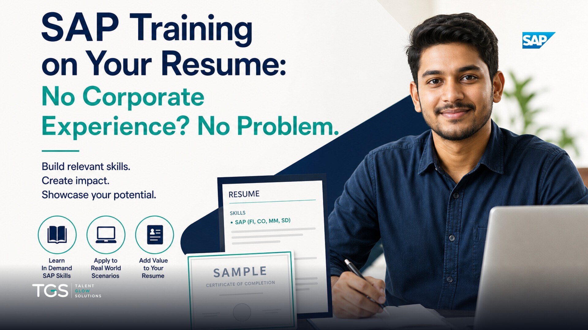 A young professional confidently presenting a resume with SAP training prominently featured, surrounded by a subtle digital overlay of SAP module icons.