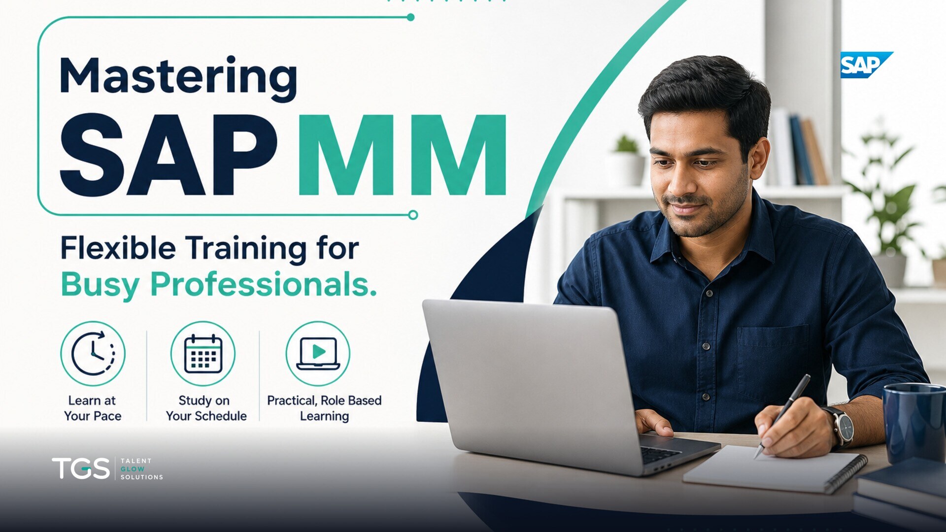A focused professional in a modern office, reviewing SAP MM training materials on a tablet while managing a complex project on a large monitor, with a calendar overlay showing flexible study times. Brand accents of deep navy and teal highlight key elements.