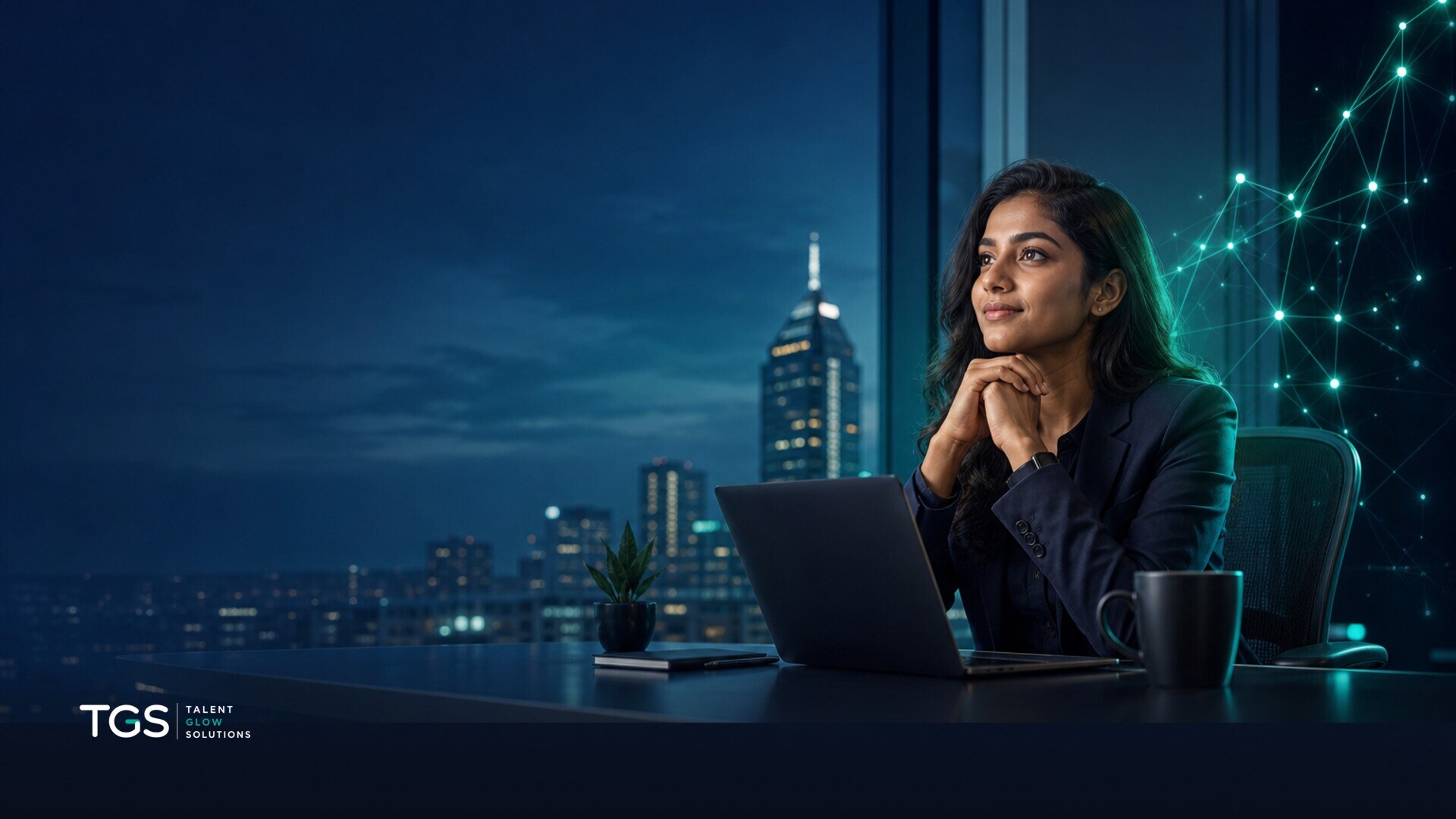 A person confidently reviewing a job offer letter at a modern desk, with a laptop displaying salary research data and a pen poised for action, bathed in dramatic navy and teal light.