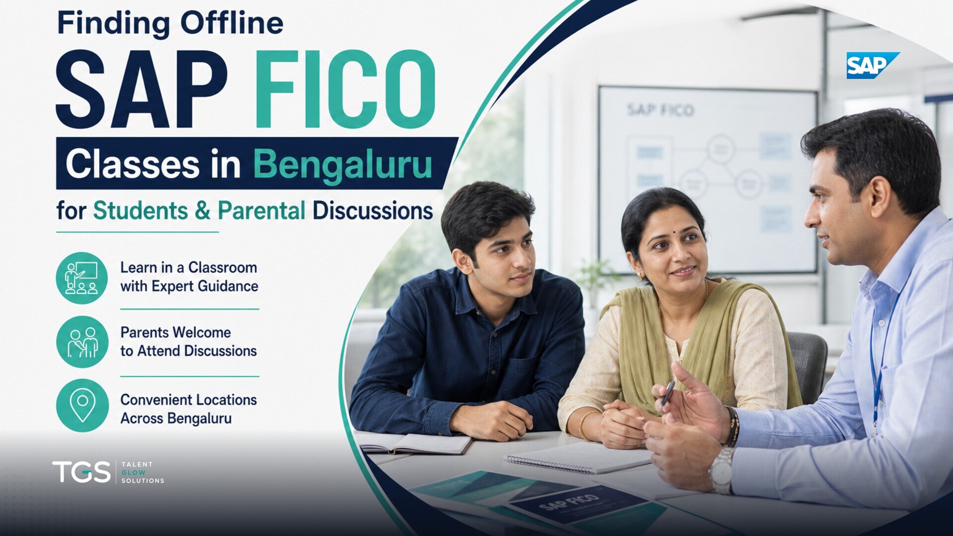 A student and two parents discussing a laptop screen showing SAP FICO interface in a modern, well-lit classroom setting.
