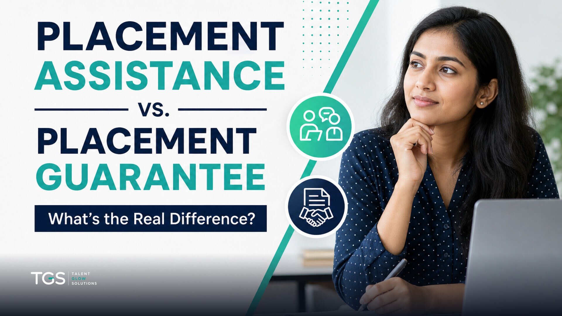 A split-screen image showing a person receiving professional resume coaching on one side and another person confidently shaking hands in a job interview on the other, symbolizing placement assistance.