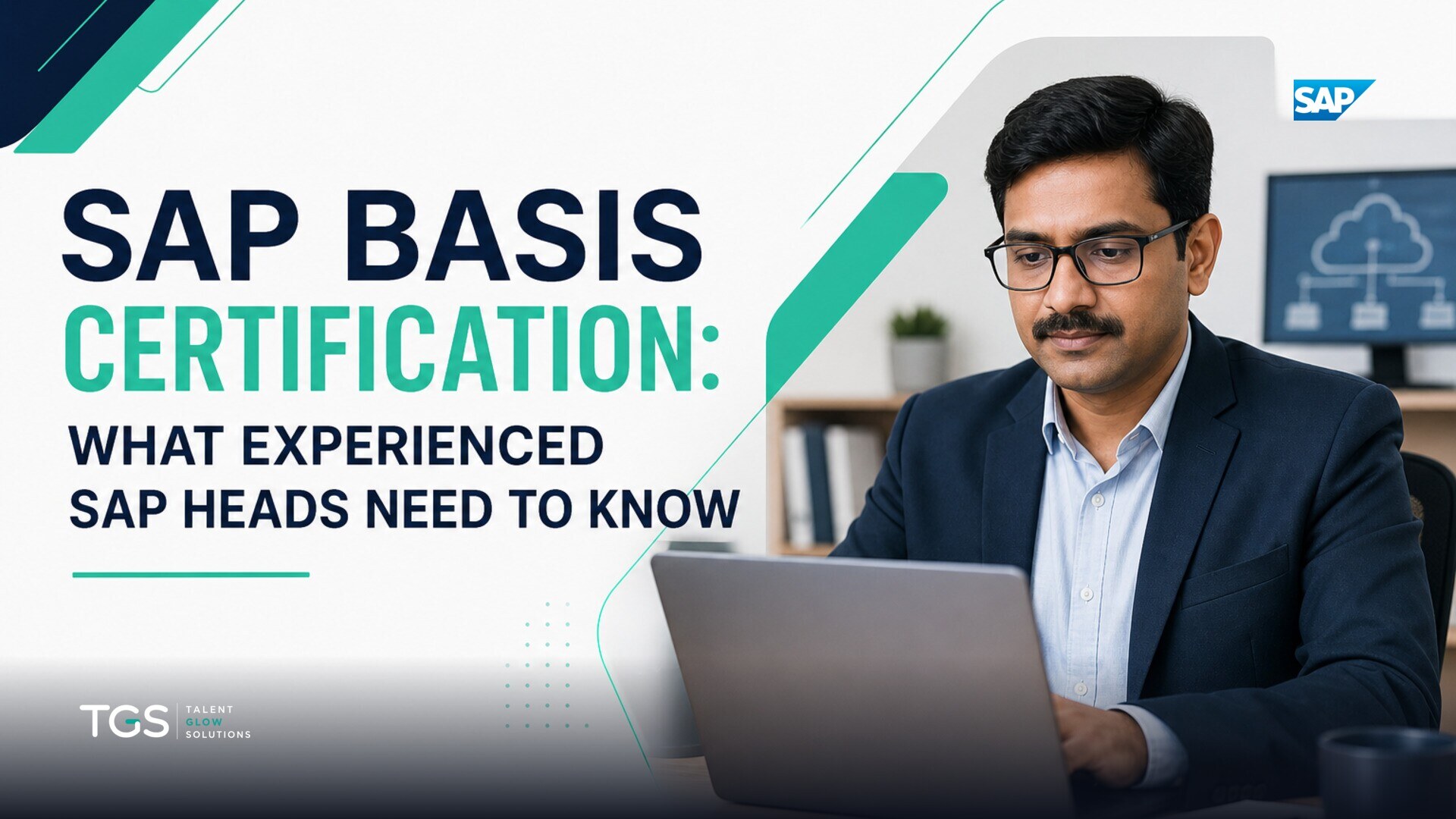 An experienced SAP Head confidently navigating complex SAP system architecture on multiple screens, with data flowing and teal/navy brand accents highlighting key information.