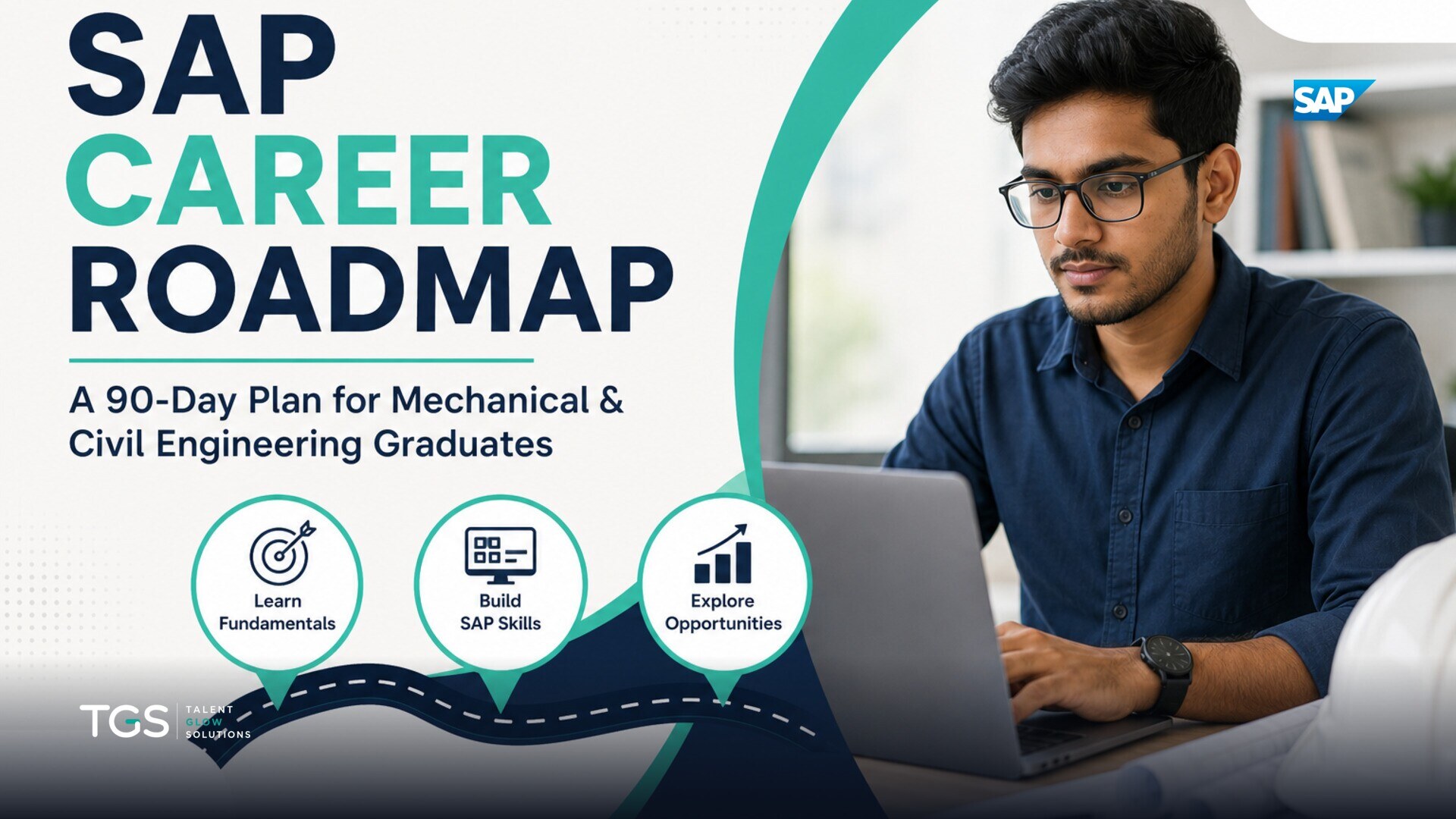 Two engineering graduates, one mechanical and one civil, confidently looking at a large digital roadmap displaying SAP modules like MM, PP, and PS, with teal and navy accents.