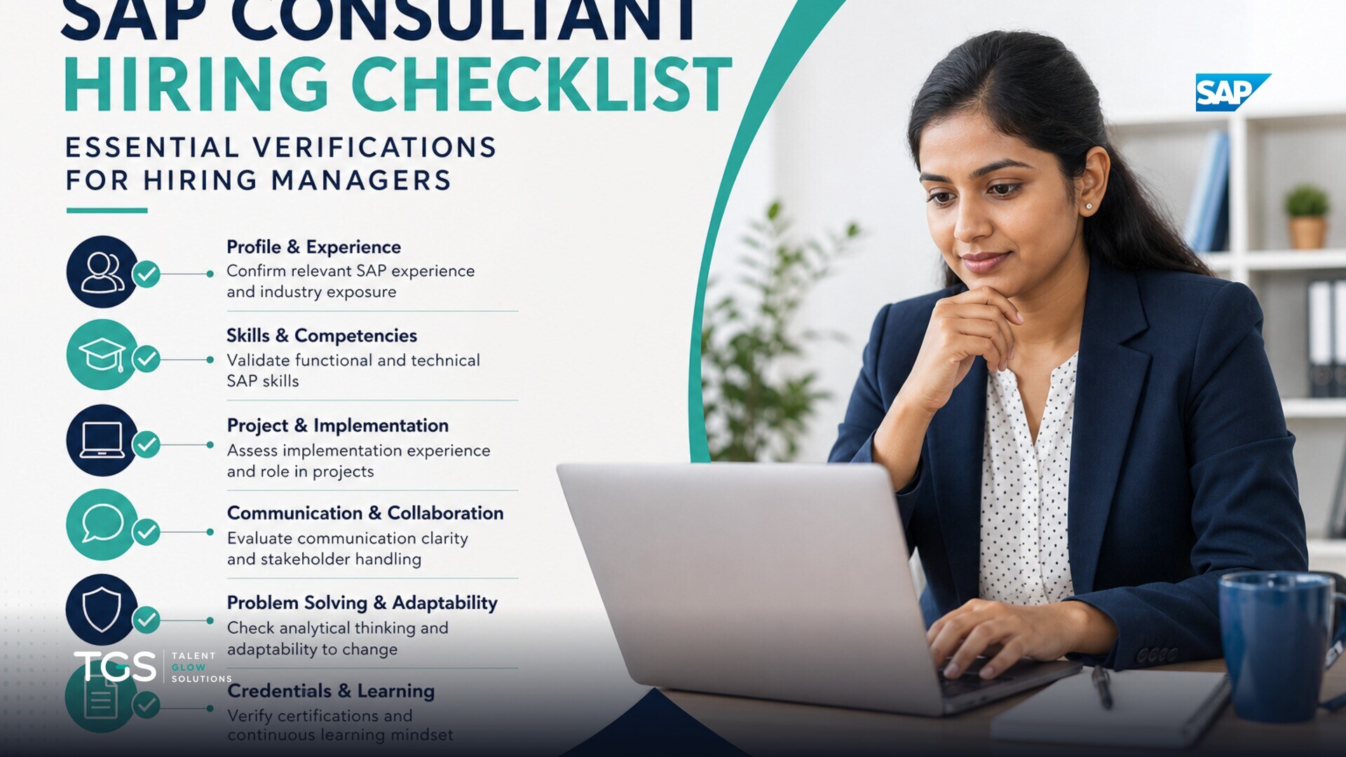 Hiring manager reviewing a checklist with a professional on the other side of a desk, surrounded by subtle SAP interface elements in deep navy and teal.