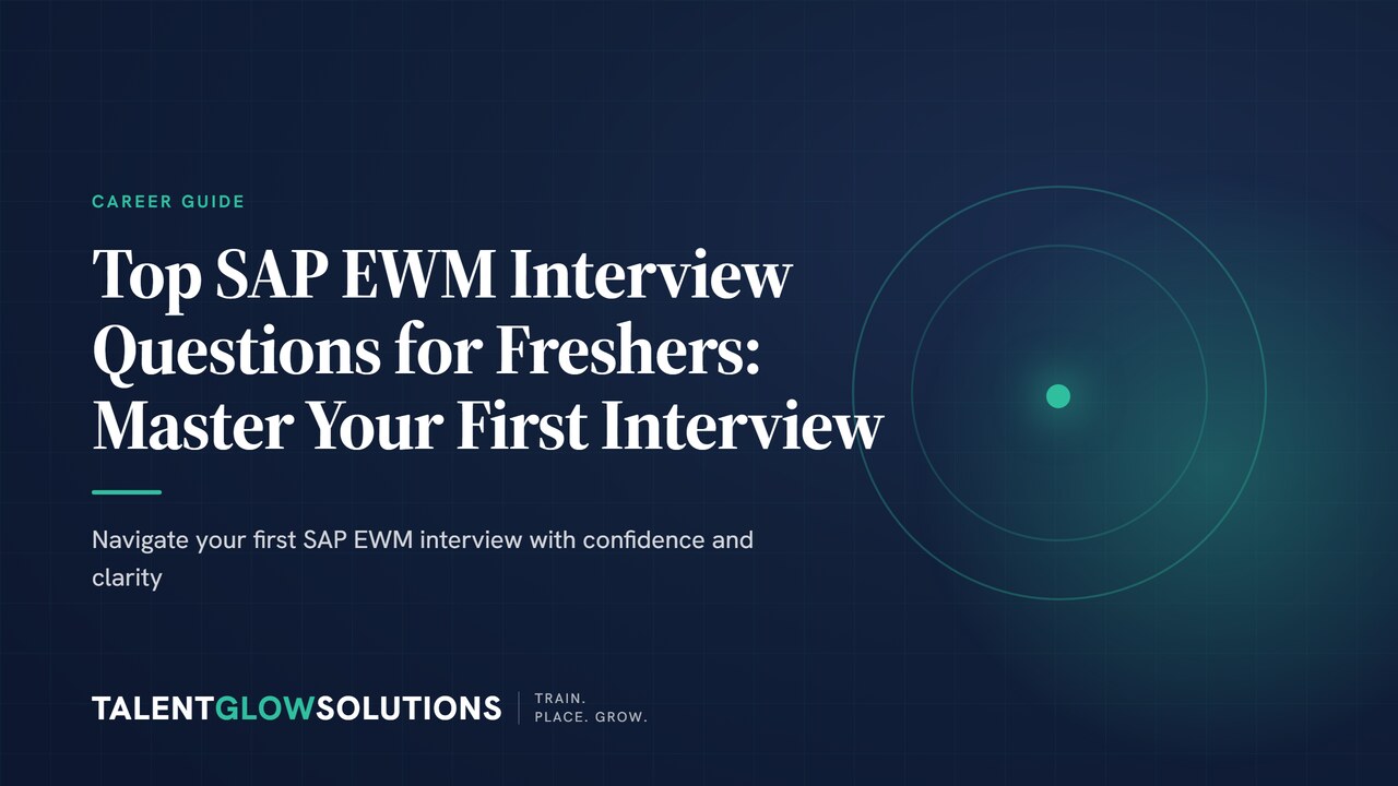 A young professional confidently answering interview questions, with a laptop displaying SAP EWM screens in the background, a mentor figure subtly guiding them. High contrast, deep navy and teal accents.