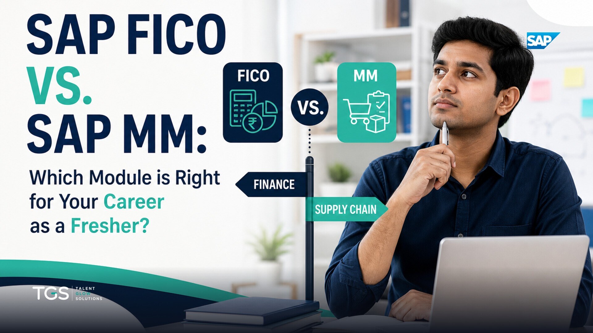 Two distinct paths illuminated by spotlights, representing SAP FICO and SAP MM, with a person standing at a crossroads, contemplating which way to go.