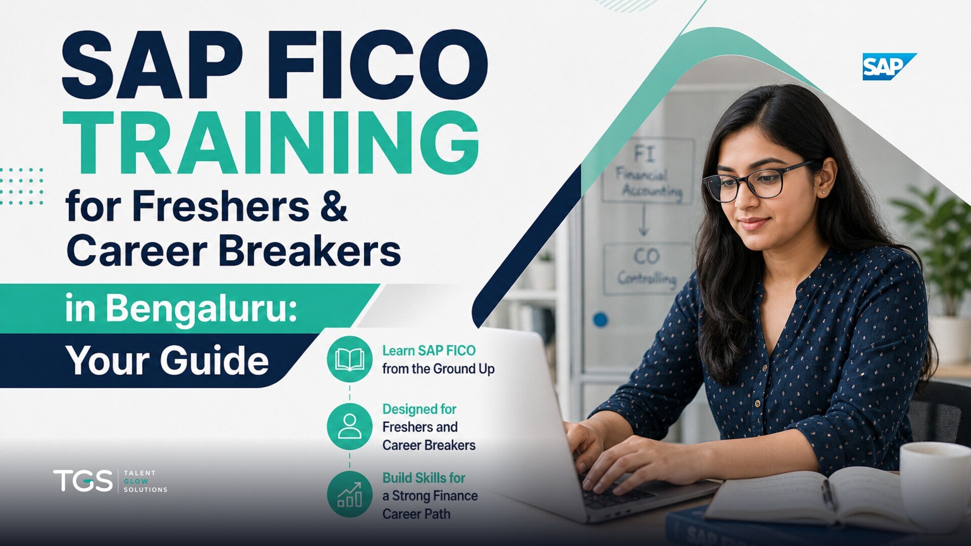 A determined individual, a fresher returning to the workforce after a career break, studies SAP FICO materials on a tablet in a modern Bengaluru co-working space, with a mentor figure in the background guiding other students.