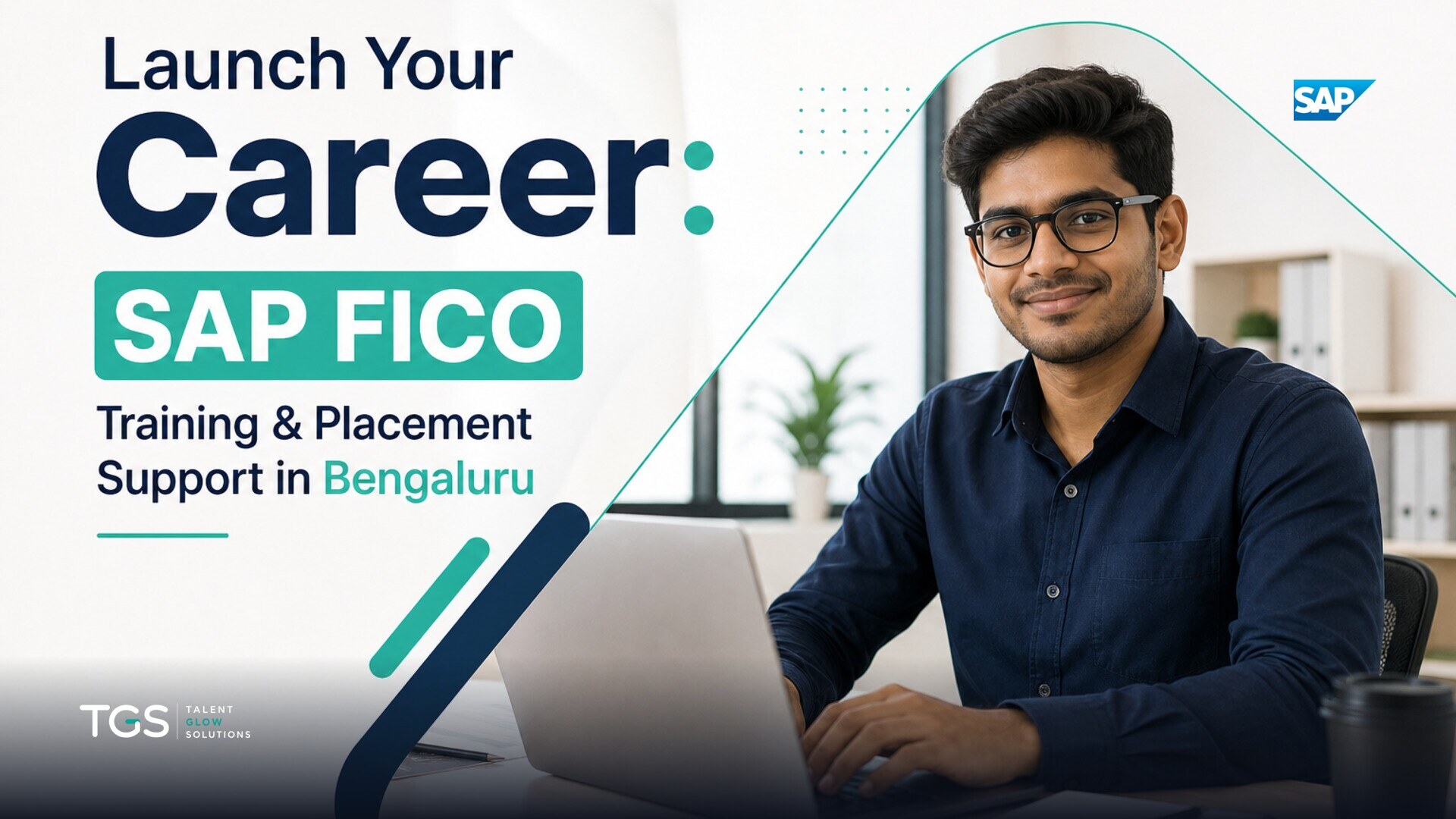 A diverse group of freshers in Bengaluru, intently learning SAP FICO on laptops in a modern, collaborative classroom setting, with teal and navy accents.