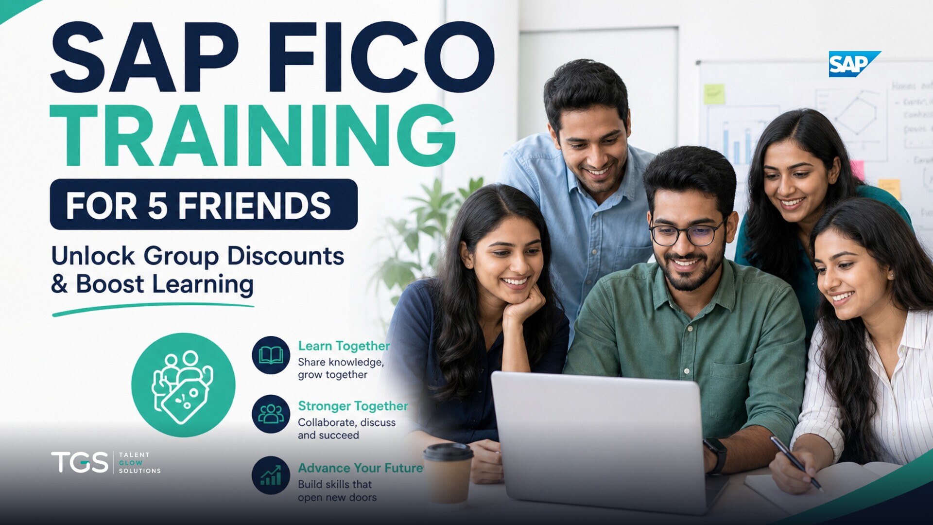 Five friends collaborating on laptops in a modern, well-lit office space, discussing SAP FICO concepts with a mentor in the background.