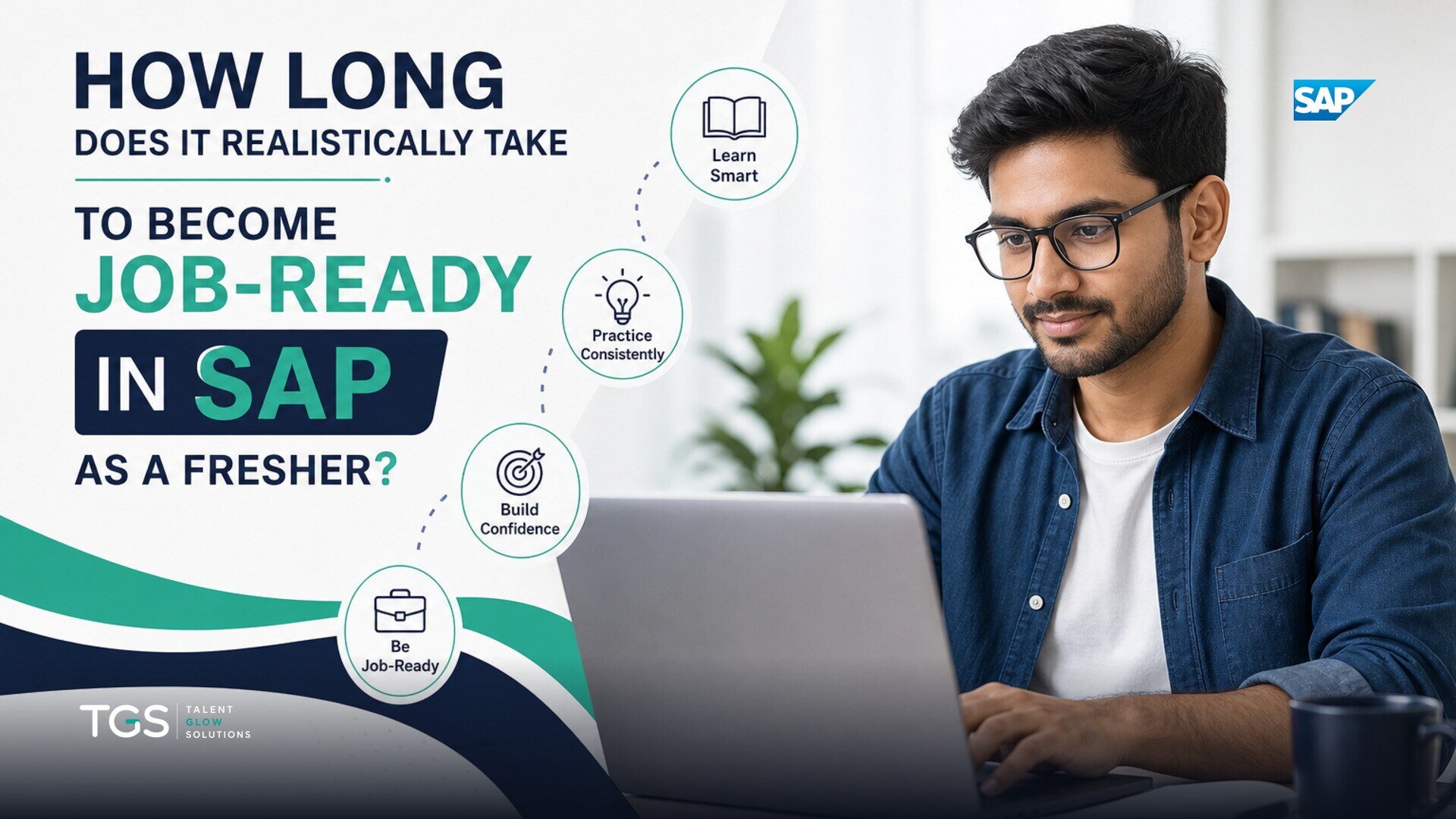 A determined young professional, a fresher, looking at a complex SAP system interface on a laptop, with a mentor figure subtly guiding them in a modern, well-lit training room.