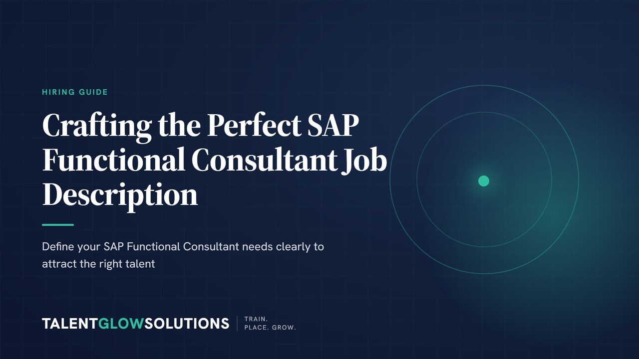 A hiring manager, deep in thought, reviewing a complex SAP functional consultant job description on a tablet, with a teal and navy digital interface overlay.