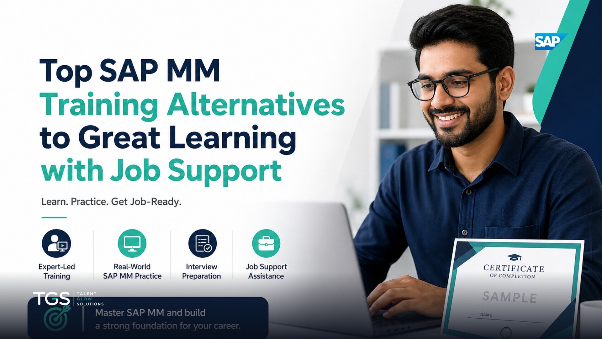 A diverse group of career changers intently studying SAP MM training materials on laptops in a modern, collaborative workspace, with a mentor guiding them through a complex S/4HANA procurement scenario.