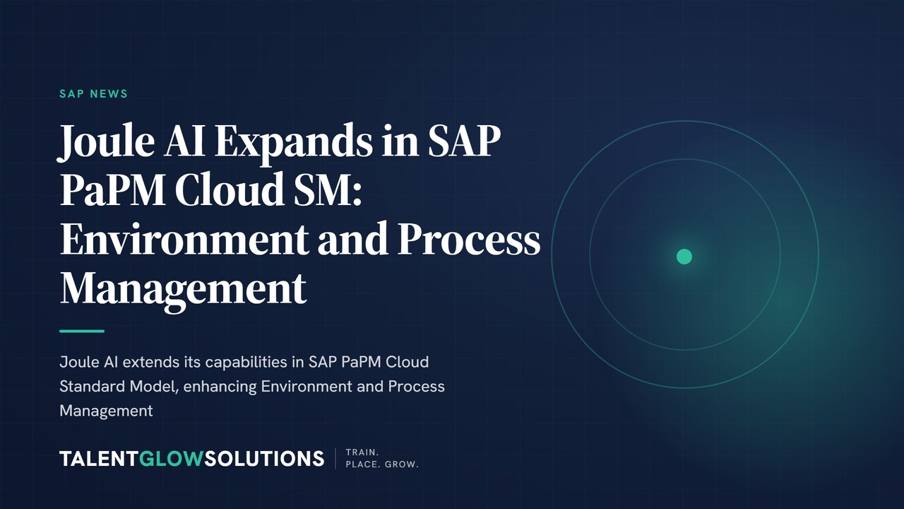 A digital interface showcasing SAP PaPM Cloud Standard Model with a glowing Joule AI assistant icon, surrounded by data visualizations related to environmental impact and business processes.
