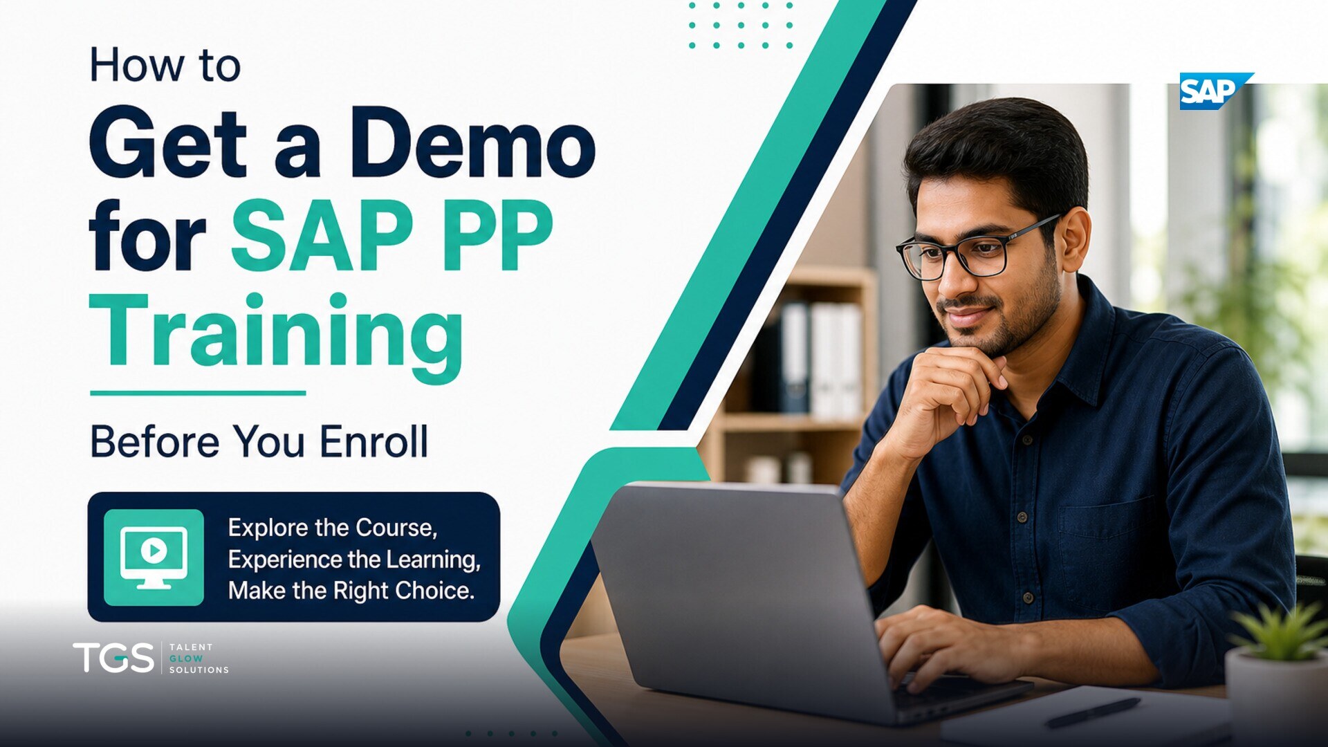 A focused learner at a computer screen, reviewing an SAP PP training demo, with a mentor figure providing guidance in the background. The screen displays a clear, modern SAP interface with production planning modules.