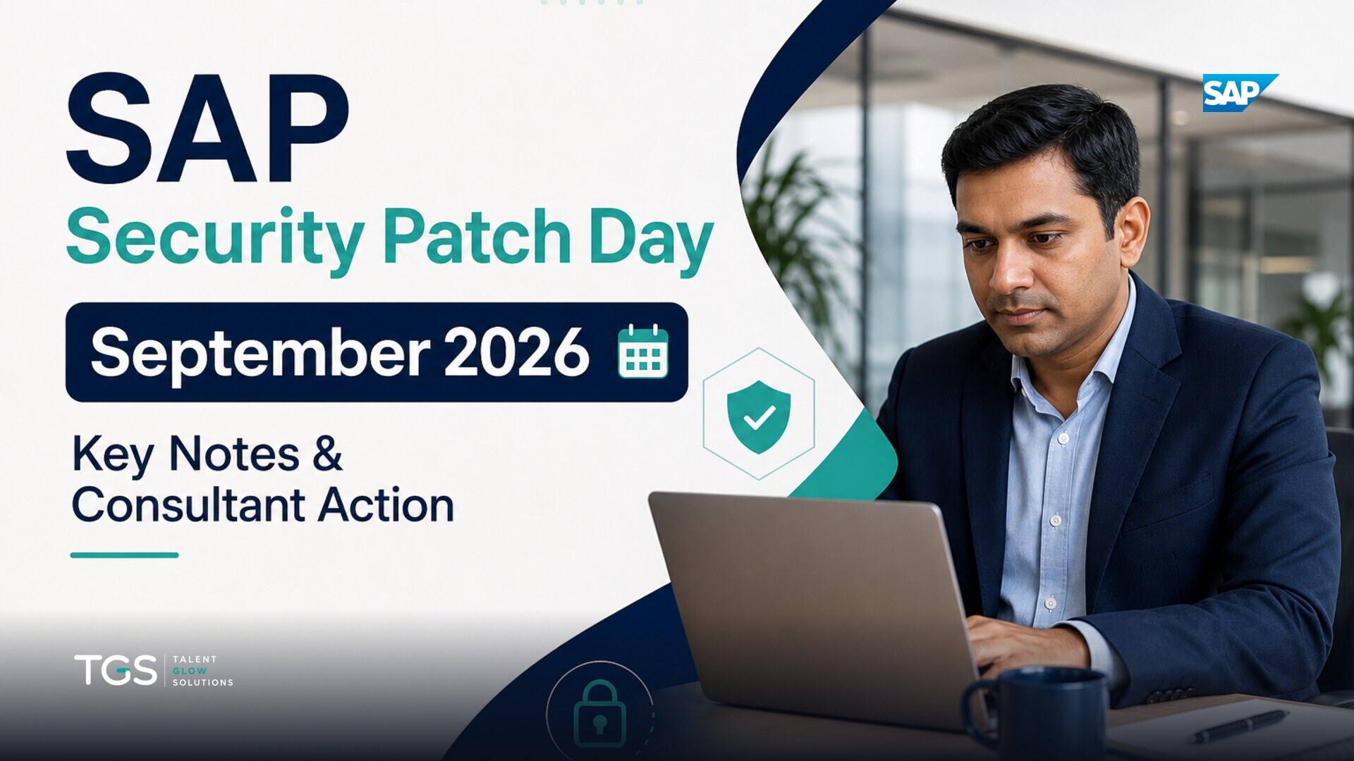 A close-up of a digital lock icon on a screen with SAP system logs scrolling in the background, illuminated by teal and navy light, representing SAP security patches.