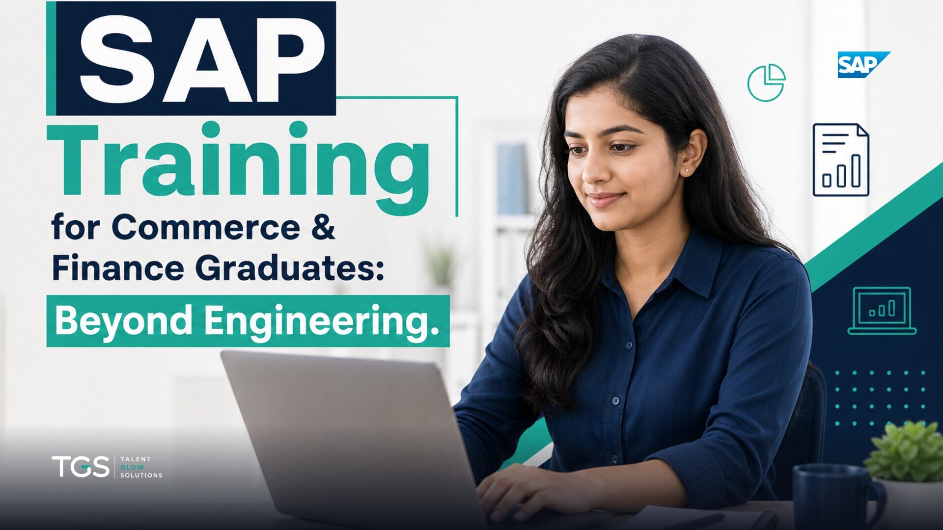 A commerce graduate confidently working on an SAP FICO interface, surrounded by financial charts and ledgers, with a mentor observing in the background.