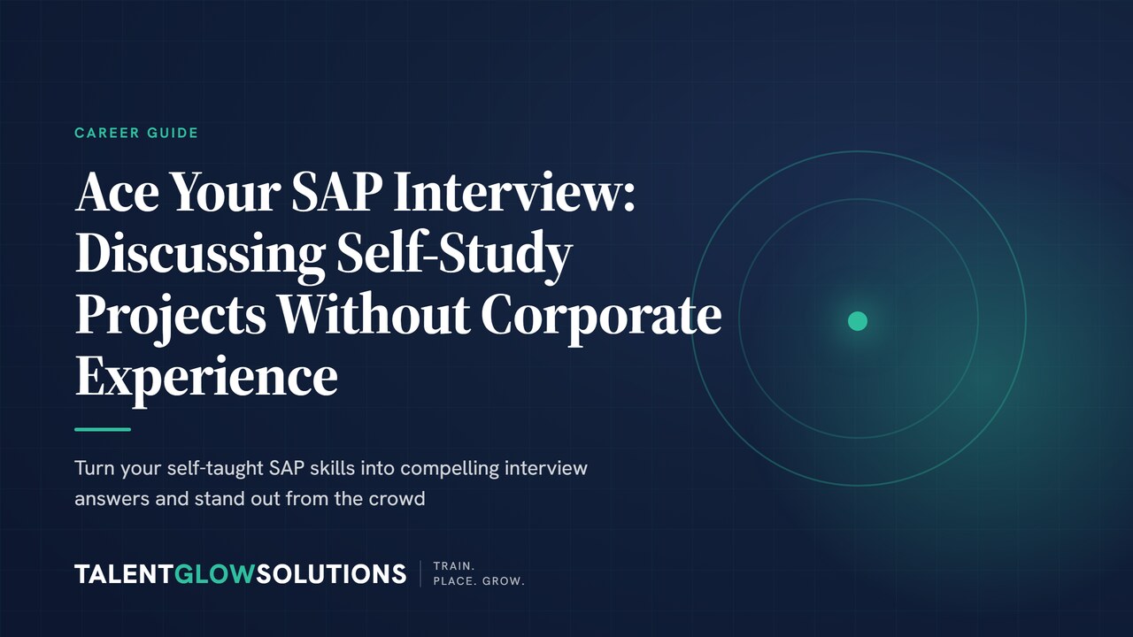 A young professional confidently presenting a project on a screen to an interviewer, with SAP-like interface elements visible.