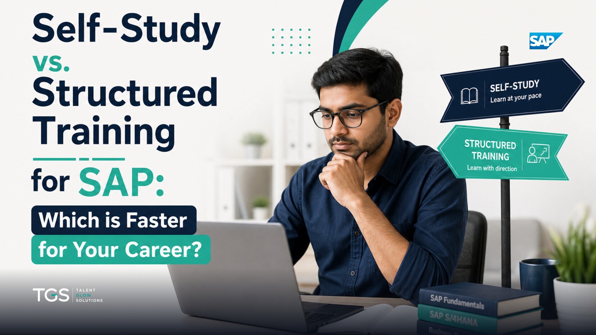 Two paths diverging, one a winding, dimly lit path with scattered books, the other a well-lit, clear path with a mentor figure guiding a learner, symbolizing self-study versus structured SAP training.